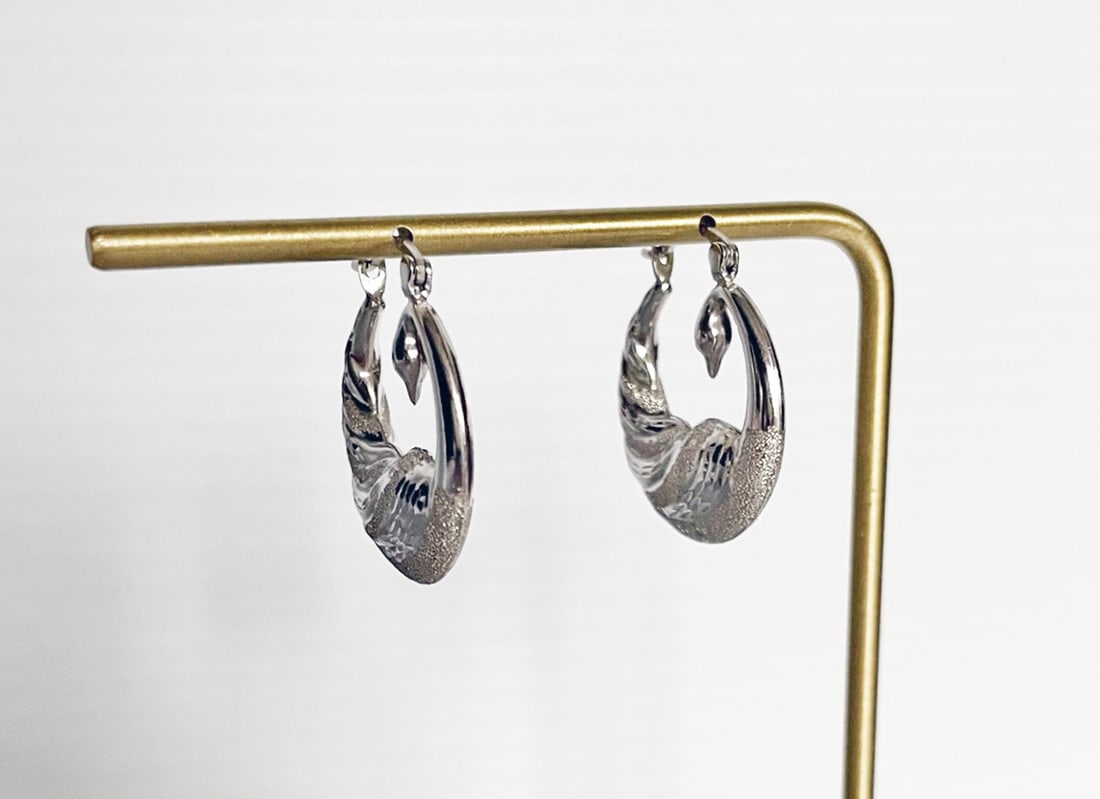 14k White Gold Swan Motif Earrings: 14k white gold swan motif earrings, hoop earrings with etched and engraved design, stamped 14k, weight 3.0 grams