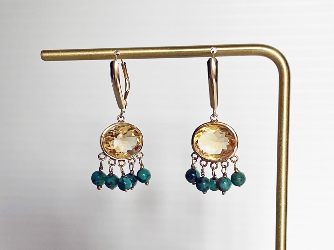 14k Gold Citrine and Turquoise Drop Earrings: 14k gold citrine and turquoise drop earrings, 1 3/8" long, oval faceted bezel set citrine with wired turquoise bead drops, stamped 14k, weight 3.9 grams complete