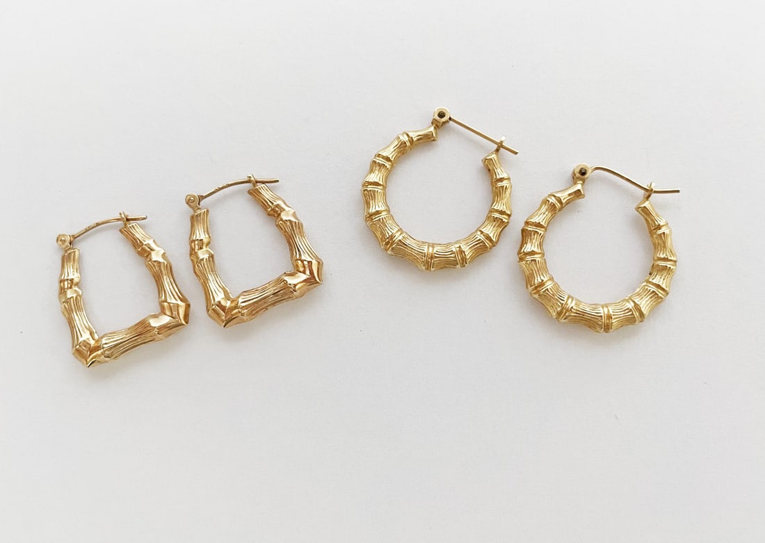 Two Pairs of 14k Gold Bamboo Design Hoop Earrings (1 of 1)