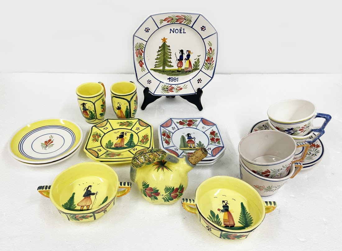 Collection of Quimper France Pottery: Collection of Quimper France pottery, includes Noel 1981 plate, 9 1/8", four round plates, 7" diameter, and 6 3/4" diameter, five square plates, 6 1/4", pair of handled bowls, 2", small teapot, 4 1/2"