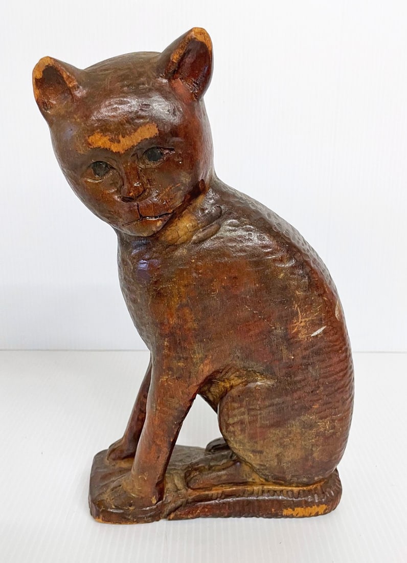 Antique Folk Art Carved Wood Cat Figure (1 of 2)