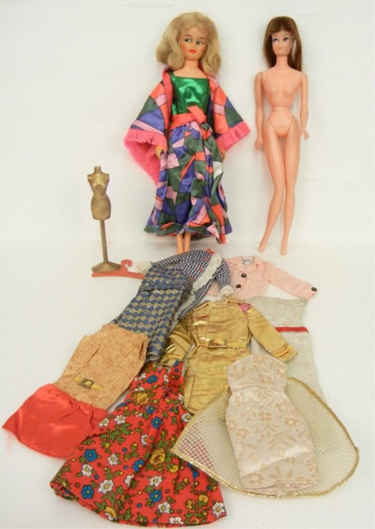 Two fashion Barbie dolls, brunette Peggy Ann Doll: Two fashion Barbie dolls, brunette Peggy Ann Doll Clothes, Inc. doll, and an Ideal Tammy doll, with additional tagged clothing, 11 3/4" high