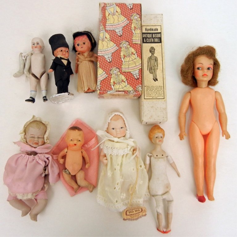 Grouping of assorted dolls, including bisque,: Grouping of assorted dolls, including bisque, composition, celluloid, pin cushion doll, Baby Years in original box, and some marked Japan