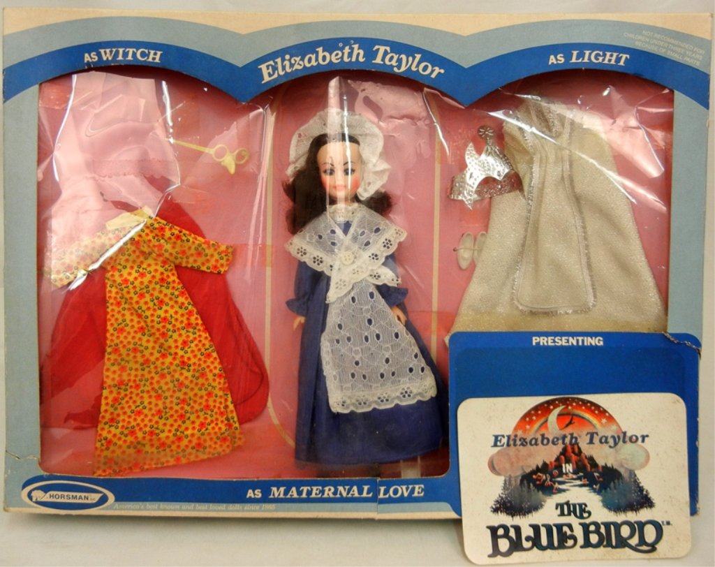 Horsman Elizabeth Taylor doll, 12" high, from the Blue: Horsman Elizabeth Taylor doll, 12" high, from the Blue Bird, in original box with three outfits, as Maternal Love, as Light, as Witch, box size 15 1/2" high x 21 1/4" across x 3" deep
