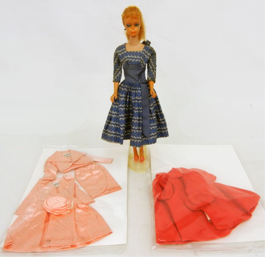 Blonde Ponytail Barbie (greasy face) No. 5, with two: Blonde Ponytail Barbie (greasy face) No. 5, with two additional outits, 11 1/4" high