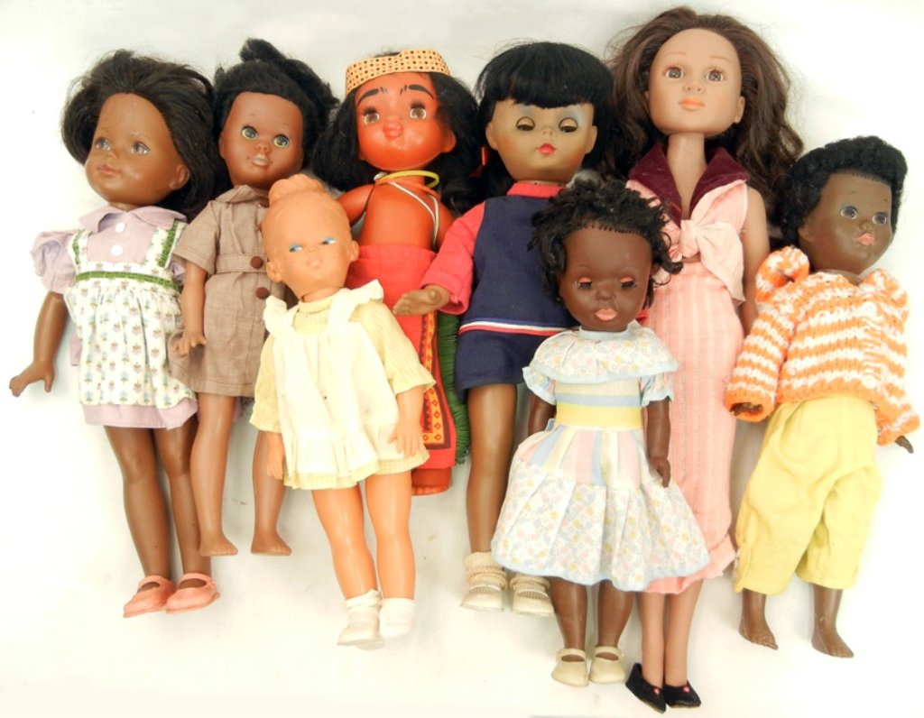 Grouping of 1960's-80's black dolls, including: Grouping of 1960's-80's black dolls, including Shindana, Boot Straps, Kimberly, Vogue or R&B, Tomy, and others, hard plastic and vinyl dolls, tallest measures 21"