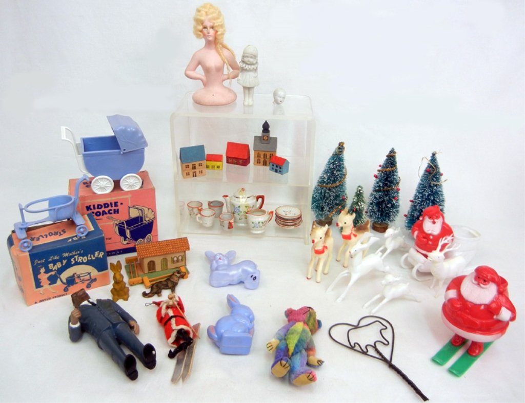 Grouping of Christmas items, miniature wooden German: Grouping of Christmas items, miniature wooden German Putz buildings, Kiddie Coach and Baby Stroller in original boxes, German pin cushion doll, childs porcelain tea set, etc.