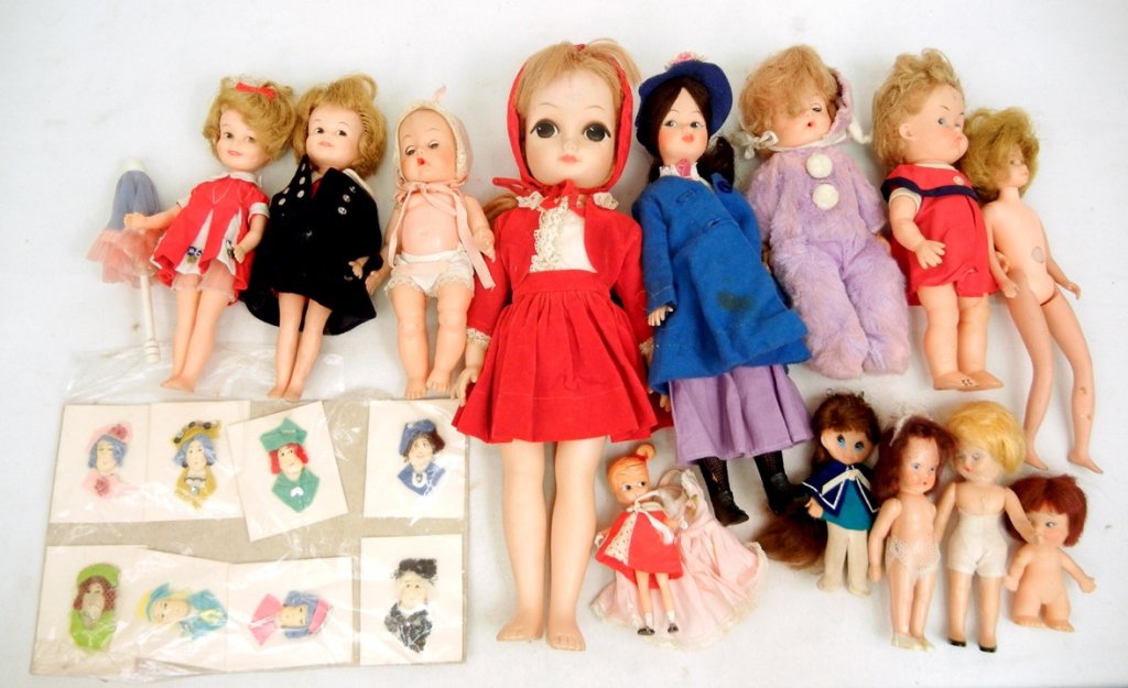 Grouping of dolls, including two Penny Brite dolls by: Grouping of dolls, including two Penny Brite dolls by Deluxe Reading Corp., Virga, American Character dolls, Pee Wees, Marry Poppins, and more, cards with hand made doll faces on them, tallest measure