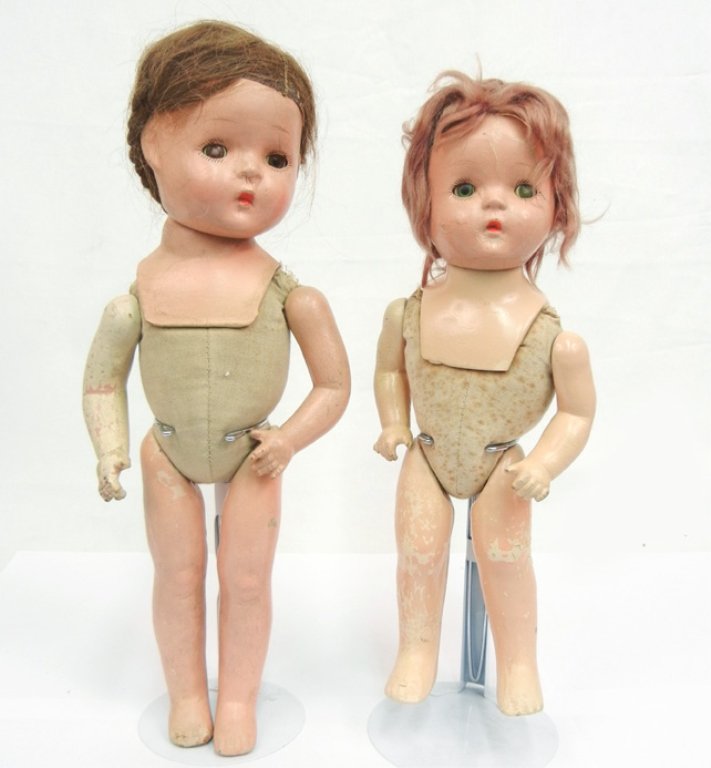 Two Petite Sally by American Character Doll Co.: Two Petite Sally by American Character Doll Co. composition and cloth dolls, one with brown sleep eyes, 15", brown braided hair, and one with blue sleep eyes, 13", both with painted features, marked o