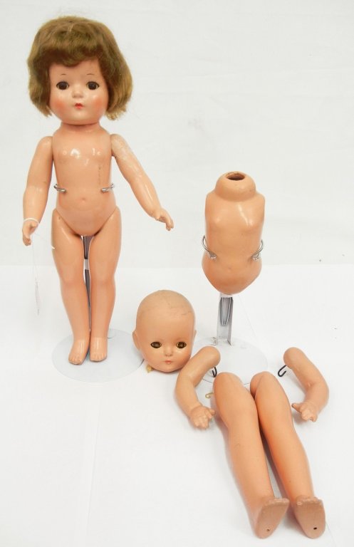 Two Effanbee Patricia composition dolls, 14 1/2", both: Two Effanbee Patricia composition dolls, 14 1/2", both with brown sleep eyes, painted features, marked on back Effanbee Patricia, one needs to be restrung