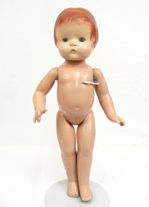 Effanbee "Patsy-Ann" composition doll, 18 1/2", blue: Effanbee "Patsy-Ann" composition doll, 18 1/2", blue sleep eyes, painted and applied lashes, painted close mouth, marked on back "Effanbee Patsy-Ann copyright, Pat. #1283558"