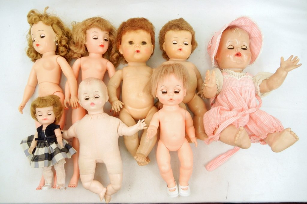 Grouping of dolls, including Effanbee Fluffy, 8 1/2",: Grouping of dolls, including Effanbee Fluffy, 8 1/2", two American Character Dolls, Tiny Tears, 15", two Ideal hard plastic dolls, 17", Ideal Thumbelina, 12", Madame Alexander "Kathy" wearing tagged d