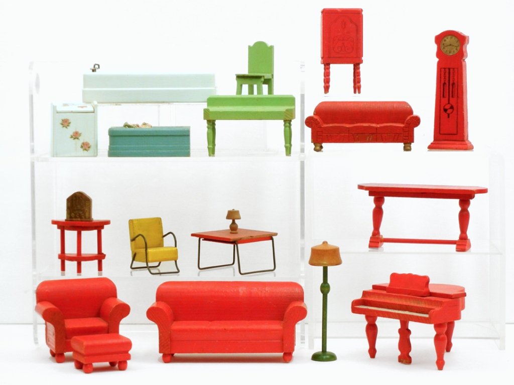 Schoenhut wooden doll house furniture, 1930-40s,: Schoenhut wooden doll house furniture, 1930-40s, approximately sixteen pieces, including piano, sofas, armchairs, sofa table, end tables, bath tub, floor lamp, tall clock, radios, laundry basket, and