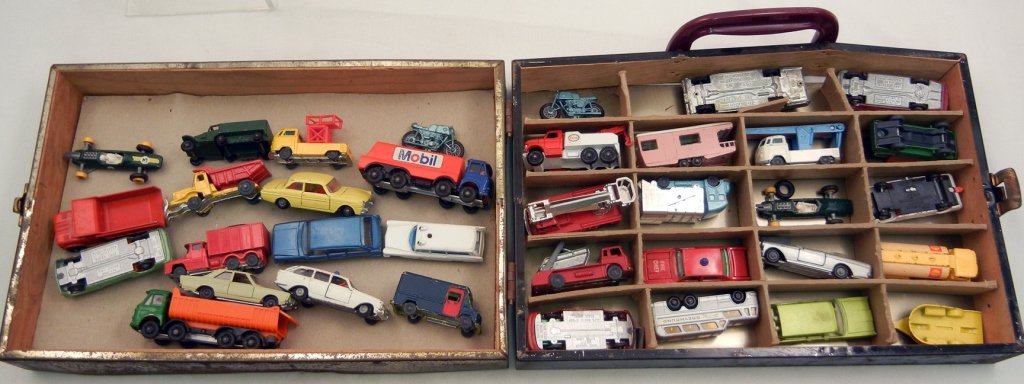 Collection of race cars, including Matchbox "Lesney": Collection of race cars, including Matchbox "Lesney" cars, Road Master "Impy" super cars, Husky, Made in Germany, and Made in GT. Britain, approximately 35 cars, in a Miniature Cars Carrying Case by A
