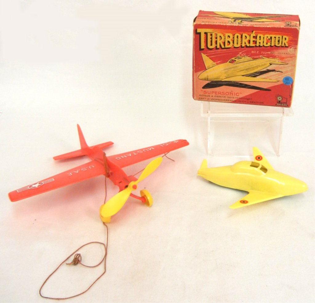 Two aircrafts models, including Jouets Mont Blan,: Two aircrafts models, including Jouets Mont Blan, France, Turboreactor "Supersonic" friction plane in original box, and a1950s Renwal F-51 Mustrng, flys on a string with engine sounds