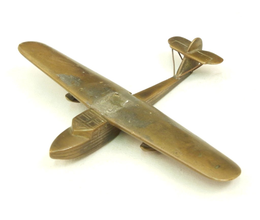 Trench Art Flying Boat model, hole on bottom for stand,: Trench Art Flying Boat model, hole on bottom for stand, bronze, 7 1/2" wingspan