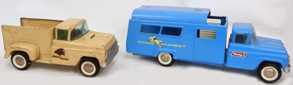 Buddy L pressed steel Ranch truck, 12 1/4", and a Buddy: Buddy L pressed steel Ranch truck, 12 1/4", and a Buddy L Riding Academy truck, 18" long