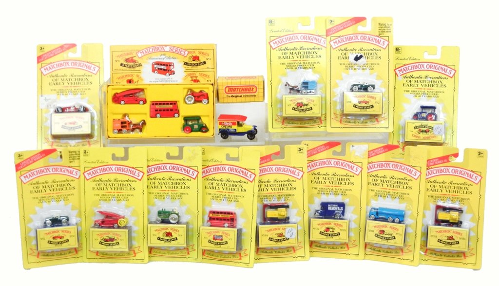 Grouping of thirteen Lesney Matchbox Originals, and a: Grouping of thirteen Lesney Matchbox Originals, and a Matchbox series Commemorative pack, all in original packages