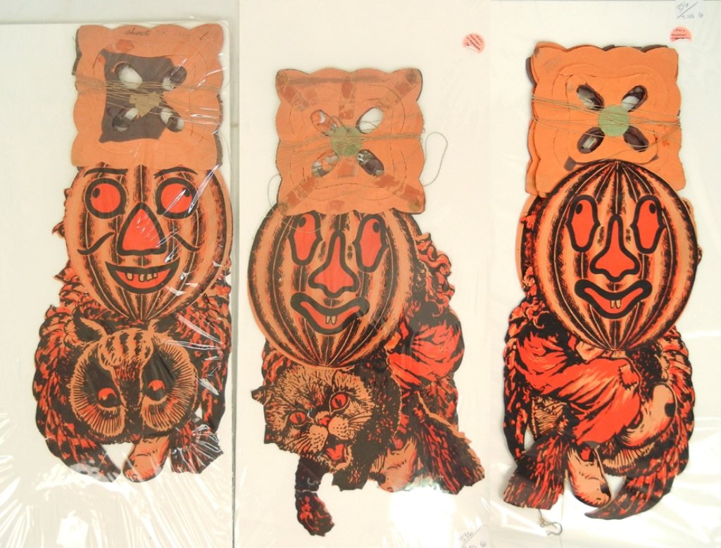 Three 1900's German Halloween streamers, with pumpkins,: Three 1900's German Halloween streamers, with pumpkins, witches, cats and owls