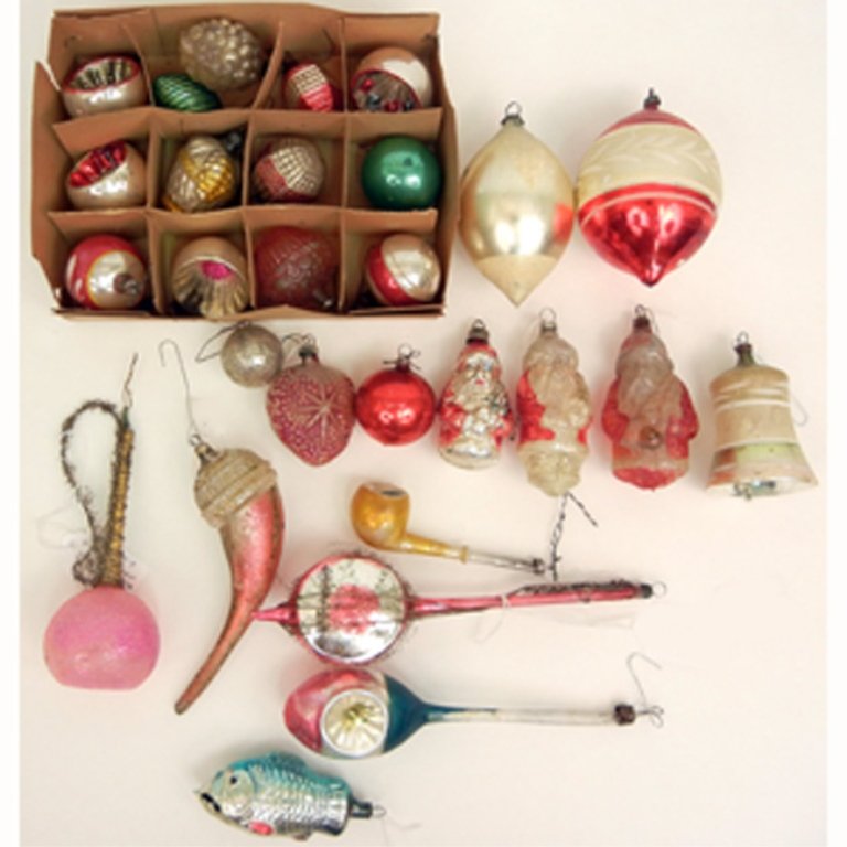 Grouping of twenty-eight vintage glass blown ornaments,: Grouping of twenty-eight vintage glass blown ornaments, including fruit, wire wrapped mandolin, wire wrapped ewer, bell, fish, three santas, pipe, balls, pepper, and more