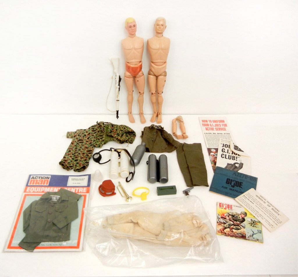 Two GI Joe action figures, 1960s, clothes, booklets,: Two GI Joe action figures, 1960s, clothes, booklets, Action Man outfit in package, etc.