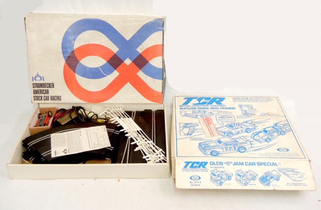 Ideal TCR Glen "S" Jam Car Special, No. 4717-5, in: Ideal TCR Glen "S" Jam Car Special, No. 4717-5, in original box, missing two cars, 15" x 18 1/2" x 4", and Strombecker American Stock Car Racing in original box, with one car, 15" x 22 1/4" x 3 1/2"