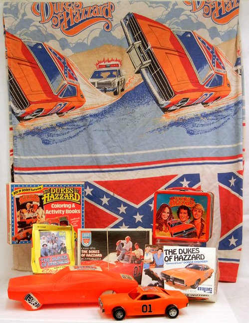 Grouping of The Dukes of Hazzard memorabilia,: Grouping of The Dukes of Hazzard memorabilia, including 1980 metal lunch box with thermos, bubble gum stickers in box, Whitman jigsaw puzzle, General Lee bank, General Lee Dodge Charger model new in b