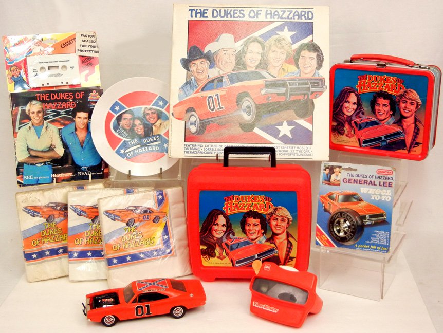Grouping of The Dukes of Hazzard memorabilia,: Grouping of The Dukes of Hazzard memorabilia, including napkins, 1980 metal lunch box with thermos, 1981 plastic lunchbox with thermos, small general lee car, viewmaster with Dukes of Hazzard scenes,