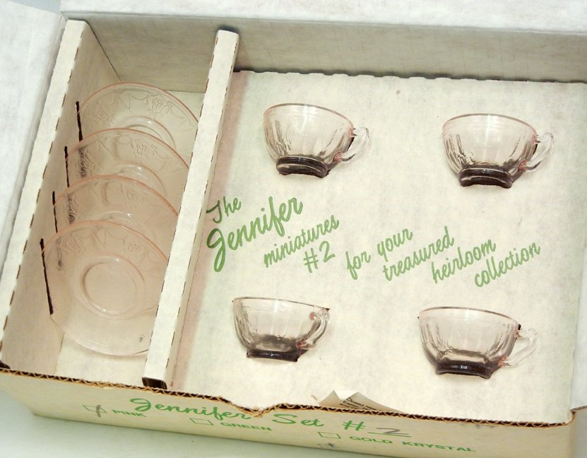Mosser glass pink Jennifer Set No. 2: Mosser glass pink Jennifer Set No. 2, tea cups and saucers, new in box, Cambridge, Ohio, box measures 8" x 11 1/4" x 3 1/2"