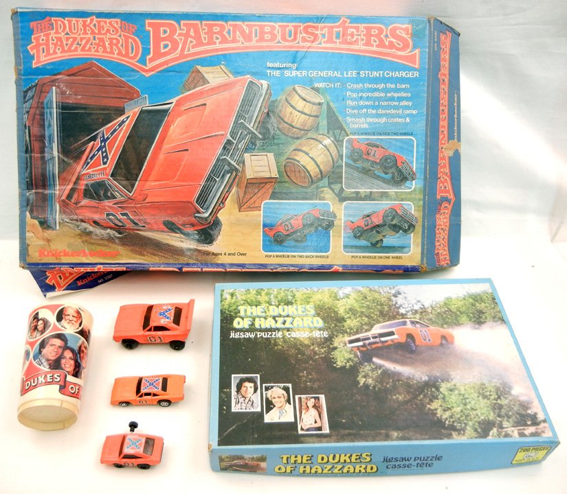 Grouping of The Dukes of Hazzard memorabilia,: Grouping of The Dukes of Hazzard memorabilia, including Barnbusters in original box with instructions by Knickerbocker, jigsaw puzzle, plastic collectors cup, windup car, friction car, and Ideal toy c