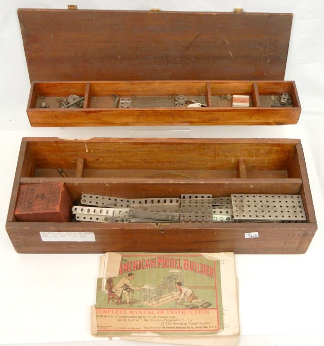 The American Model Builder by The American Mechanical T: The American Model Builder by The American Mechanical Toy Co., in a wooden box, with manual of instruction, (might be missing pieces), box measures 4 3/4" x 23" x 8 1/2"