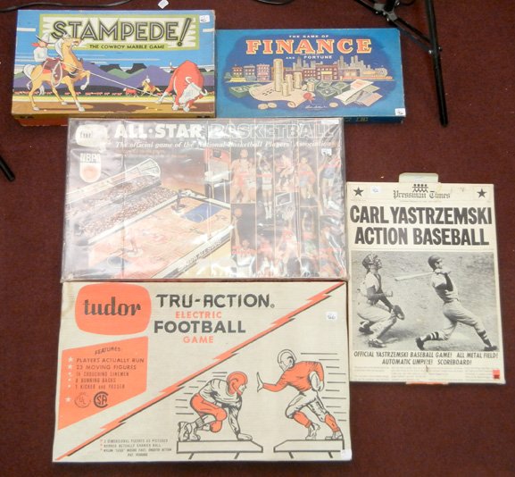 Grouping of sports board games and two additional boar,: Grouping of Sports board games and two additional board games, including Tudor Tru-Action Electric Football Game, Tudor All-Star Basketball Game, Carl Yastrzemski Action Baseball Game, Stampede! The C