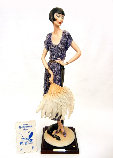 Giuseppe Armani figurine, Lady with Fan, mounted on bas: Giuseppe Armani figurine, Lady with Fan, mounted on base, plaque on front, Made in Italy sticker, signed on back, with Armani Society plaque, 19" high x 6" across