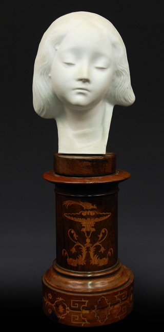 Bisque head on attached inlaid walnut stand, impressed : Bisque head on attached inlaid walnut stand, impressed Henry IV and numbered 1823 on bottom of stand, head measures 7 1/2", with stand 16" high x 5 1/2"