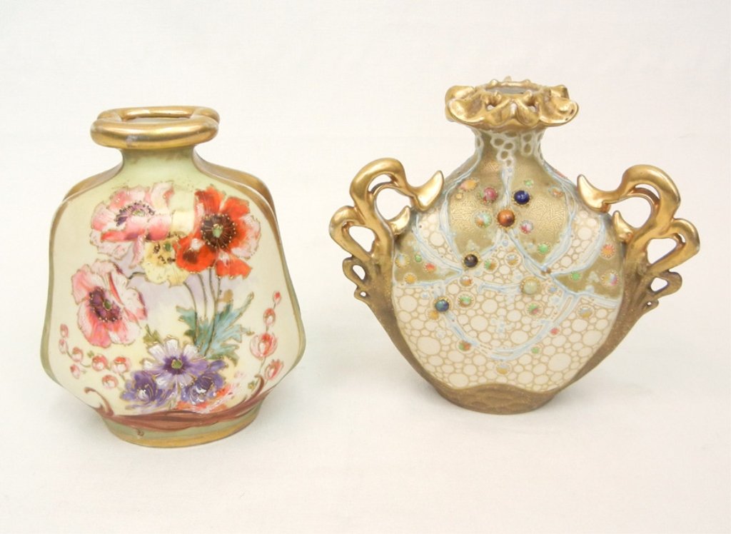 Amphora vase and Turn-Teplitz vase, gilt painted and je: Amphora vase and Turn-Teplitz vase, gilt painted and jeweled three-sided Amphora porcelain vase, impressed Amphora with crown mark, numbered 3822, 41, 6" high; and Turn-Templitz floral enameled vase,