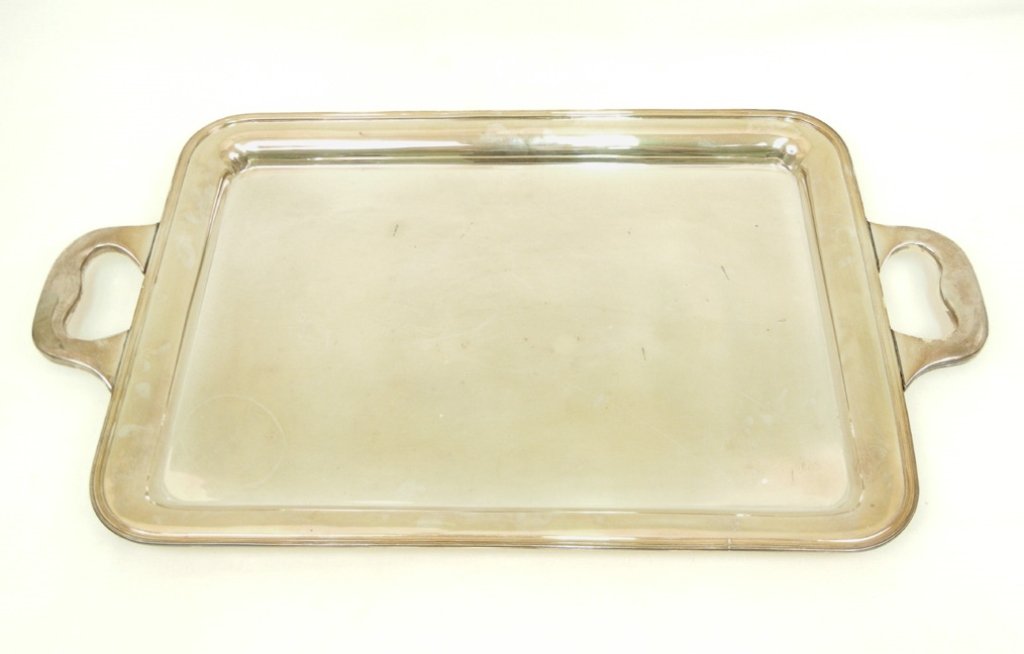 Sterling silver handled tray, unknown maker's mark on b: Sterling silver handled tray, unknown maker's mark on bottom, impressed Sterling 950, 23" x 13 1/4", 62.4 troy oz.