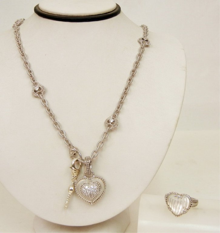 Judith Ripka sterling silver and mother of pearl ring a: Judith Ripka sterling silver and mother of pearl ring and heart pendant with chain, and C.Z. key pendant, ring is set with heart shaped faceted mother of pearl accented with C.Z.'s, size 9, 18" textur