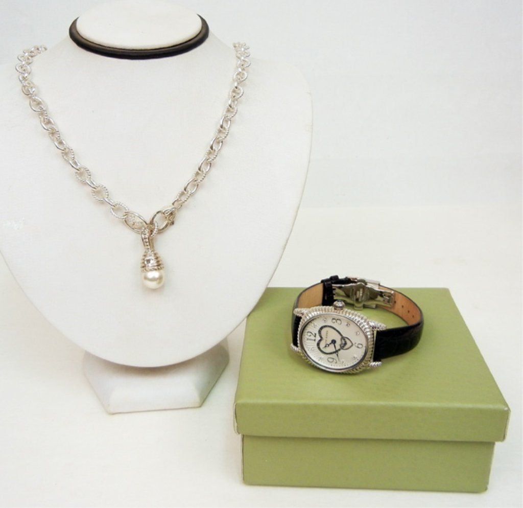 Judith Ripka sterling silver cased wristwatch and neckl: Judith Ripka sterling silver cased wristwatch and necklace with pearl drop, watch case measures 1 1/4" long x 1 1/8" wide, adjustable leather band, open link necklace is 19" long with pearl pendant/en