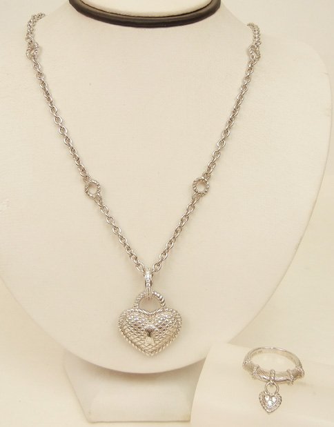 Judith Ripka sterling silver heart necklace and ring, n: Judith Ripka sterling silver heart necklace and ring, necklace has 18" open link chain with six stations in a circle motif, heart shaped pendant/enhancer with C.Z.'s in bale, pendant measures 1 1/2" l