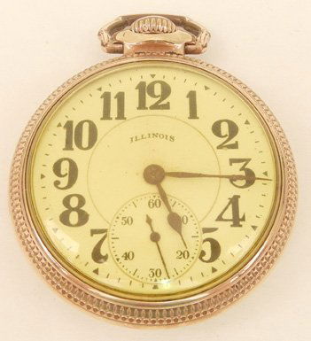 Illinois Watch Company Bunn Special railroad pocket wat: Illinois Watch Company Bunn Special railroad pocket watch, gold filled case, 2" diameter, marked on works "Sixty Hour Bunn Special Illinois Watch Co. Springfield, Motor Barrel 21 Jewels", plastic crys