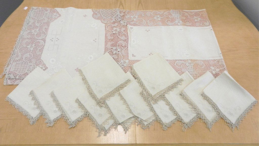 Linen tablecloth and napkins set, crocheted border and : Linen tablecloth and napkins set, crocheted border and inset panels, 8' 6" long x 5' 4" wide, hand embroidered, matching napkins are 18" x 18", early 20th C.