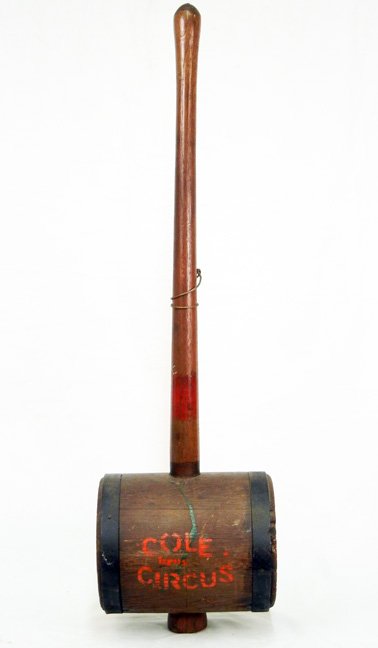 Cole bros. Circus sledge hammer, mixed woods with iron : Cole bros. Circus sledge hammer, mixed woods with iron banding, 36", early 20th C.