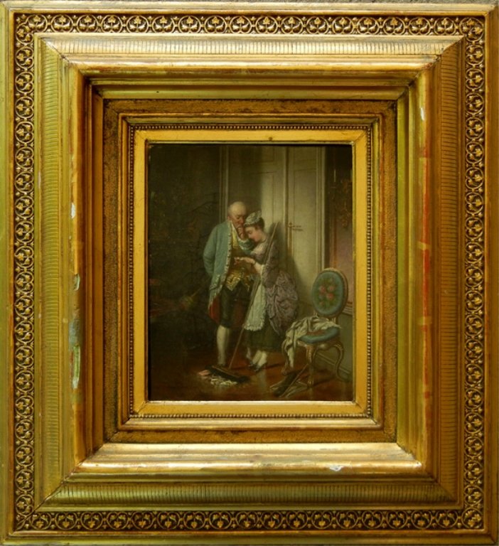 Continental School, oil on canvas, interior with figure: Continental School, oil on canvas, interior with figures, sight size 9 1/4" x 7 1/4", frame size 19 3/4" x 17 3/4", partial paper label on verso "…ierde"