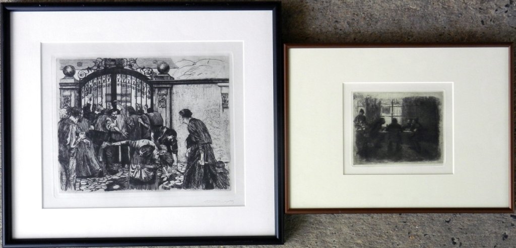 Kathe Kollwitz, two restrike etchings on paper, 1). fro: Kathe Kollwitz, two restrike etchings on paper, 1). from The Peasant Uprising series, signed lower right, sight size 11" x 13 1/2", frame size 16 1/4" x 18 3/4", framing label on verso, and 2). "Men a