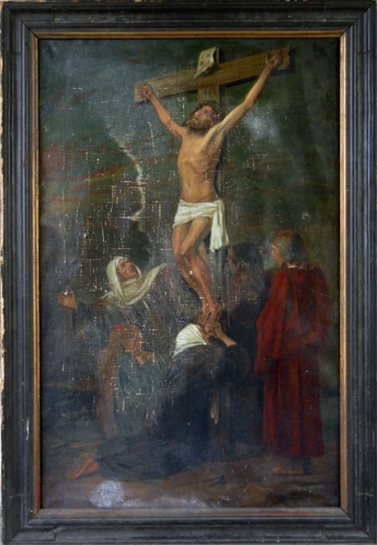 Continental School, oil on canvas, the crucifixion, sig: Continental School, oil on canvas, the crucifixion, sight size 33" x 21", frame size 37 1/2" x 25 1/2"