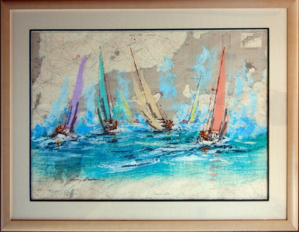 Kerry Hallam, acrylic on nautical chart "Atami Ko", wit: Kerry Hallam, acrylic on nautical chart "Atami Ko", with Kerry Hallam hard cover book Far Horizons, painting signed lower left, sight size 29 1/2" x 43", frame size 40 1/2" x 53 1/4", gallery label on