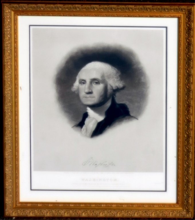 Thomas Welch engraving on paper, from the portrait by G: Thomas Welch engraving on paper, from the portrait by Gilbert Stuart, publish by George W. Childs in Philadelphia, entered according to Act of Congree 1852, sight size 26" x 18 1/2", frame size 34" x