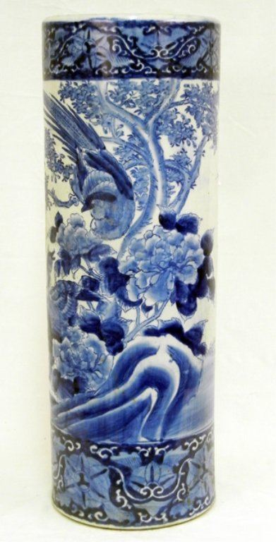 Japanese porcelain umbrella stand, cylinder form, fireb: Japanese porcelain umbrella stand, cylinder form, firebird on flowering tree in landscape, 24 1/2" x 8 1/2"