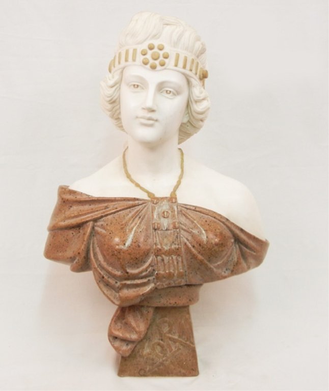 Marble and alabaster lifesize bust of a Grecian woman, : Marble and alabaster lifesize bust of a Grecian woman, "Zora" on front, 24" high
