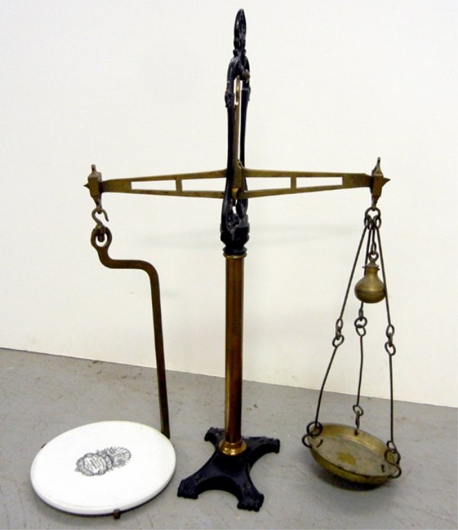 Henry Pooley & Son Ltd. Brass and iron balance scale, p